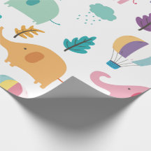 PAPIER CADEAU: ÉLÉPHANTS ET BALLONS D'AIR CHAUD
