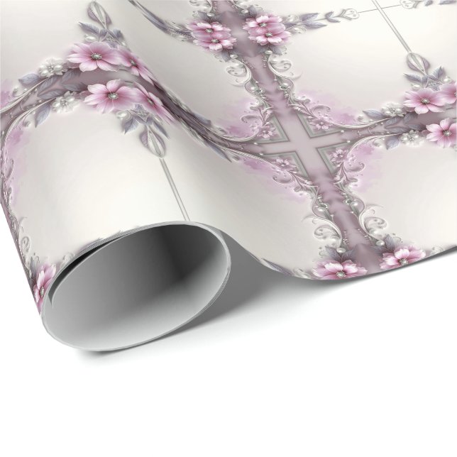 Cadeau Papier d'emballage à cadre floral rose (Coin rond)