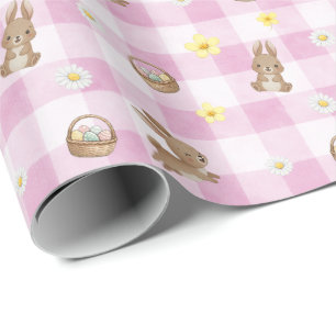 Cadeau Papier d'emballage à carreaux rose Lapin de Pâques