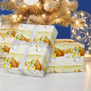 Cadeau Papier d'emballage Ange Bonhomme de Neige Doré
