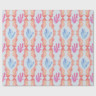 Cadeau Papier d'emballage Aquarelle Hippocampe Corail Côt