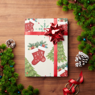 Cadeau Papier d'emballage Arbre de Noël, Bas et Flocon de
