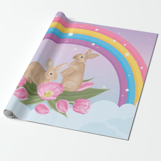 Cadeau papier d'emballage avec arc-en-ciel et lapins (Déroulé)