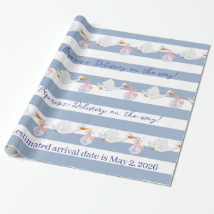 Cadeau Papier d'emballage Bébé Cigogne Rayure Bleue & Bla