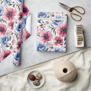 Cadeau Papier d'emballage botanique Bloom rose bleu