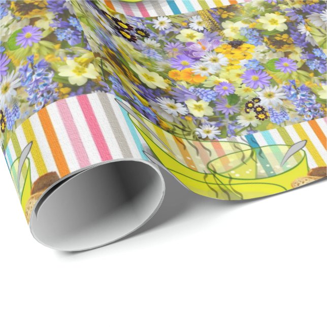 Cadeau Papier d'emballage brillant à motif floral rayé (Coin rond)