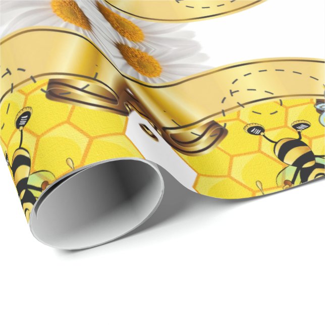 Cadeau Papier d'emballage brillant Abeille bourdon blanch (Coin rond)