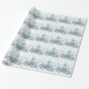 Cadeau Papier d'emballage brillant de poulpe bleu, 30" x