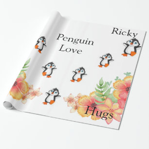 Cadeau Papier d'emballage brillant, floral amour pingouin