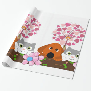 Cadeau Papier d'emballage brillant, floral chien chat
