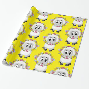 Cadeau Papier d'emballage brillant, floral mouton jaune