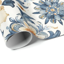Papier d'emballage carreaux floraux bleu et beige,