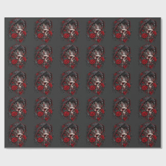 Cadeau Papier d'emballage crâne gothique et roses rouges