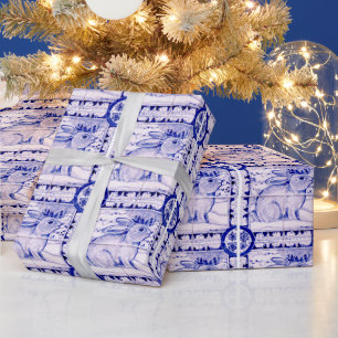 Cadeau Papier d'emballage de lapin de Noël bleu et blanc