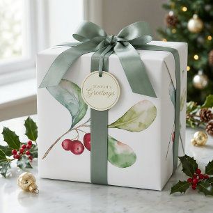 Cadeau Papier d'emballage de Noël au houx à l'aquarelle é