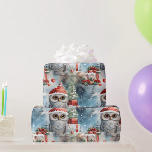 Cadeau Papier d'emballage de Noël de hibou neigeux