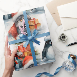 Cadeau Papier d'emballage de Noël de manchot de fête