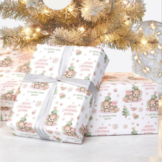 Cadeau Papier d'emballage de Noël Fille Nom Ours rose