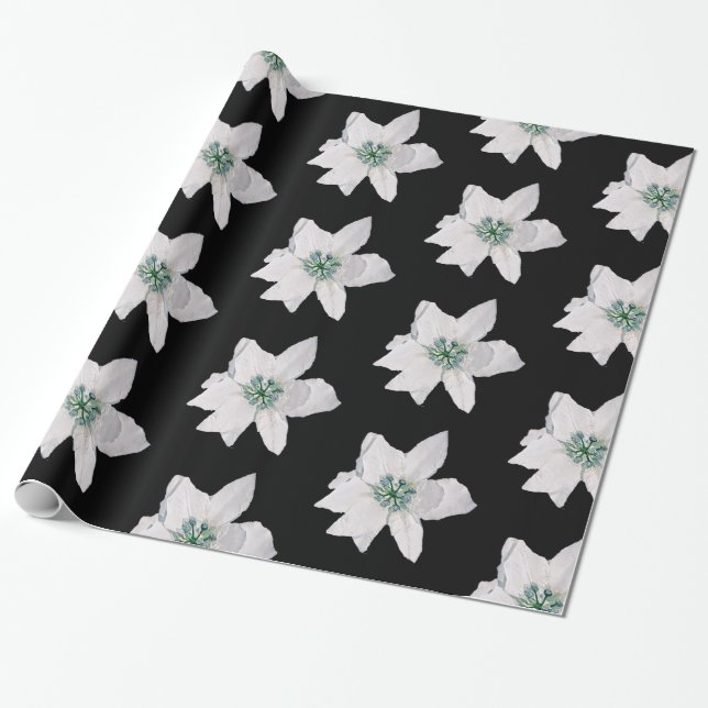 Cadeau Papier d'emballage de Noël Pointsetta blanc (Déroulé)