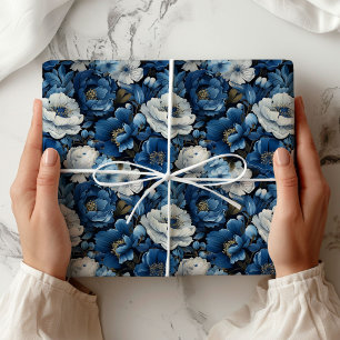 Cadeau Papier d'emballage décoratif floral ivoire bleu mo
