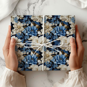 Cadeau Papier d'emballage décoratif floral ivoire bleu te