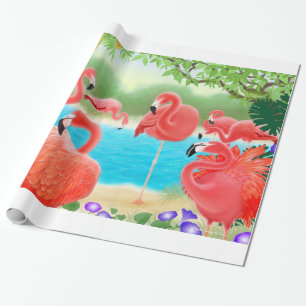 Cadeau Papier d'emballage d'oiseaux roses tropicaux de