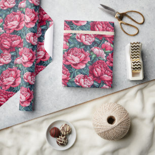 Cadeau Papier d'emballage élégant à motif de pivoines vin