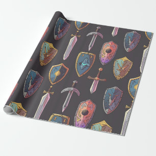Cadeau Papier d'emballage épée médiévale et bouclier
