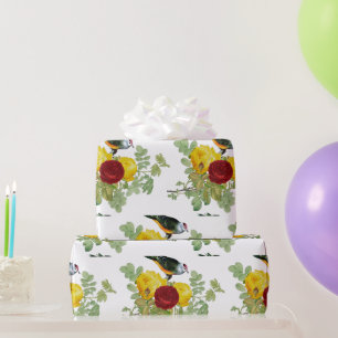 Cadeau Papier d'emballage Fleurs de Roses Jaunes et Oisea