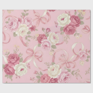 Cadeau Papier d'emballage Fleurs roses et rubans à nœuds