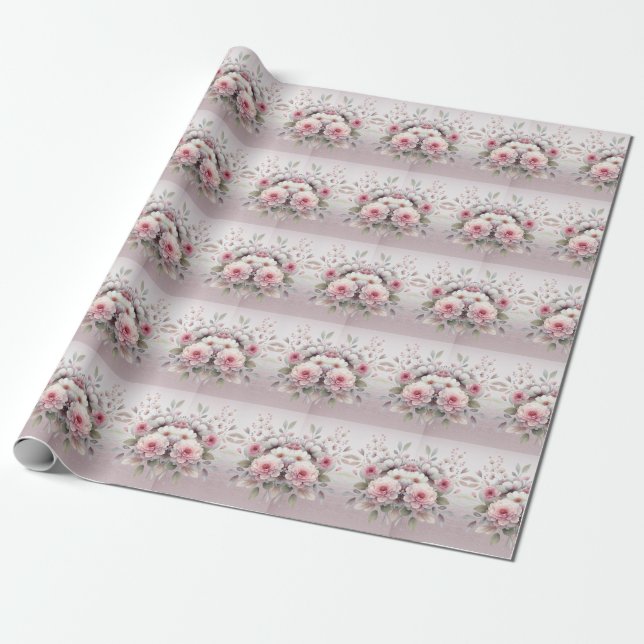 Cadeau Papier d'emballage floral blanc rose moderne (Déroulé)