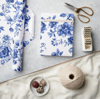 Cadeau Papier d'emballage floral bleu élégant