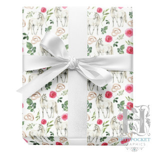 Cadeau Papier d'emballage floral rustique équestre rose