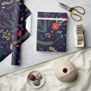 Cadeau Papier d'emballage - Flore classique sur bleu