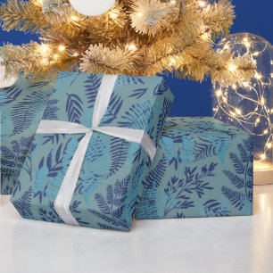 Cadeau Papier d'emballage Fougères en bleu et turquoise