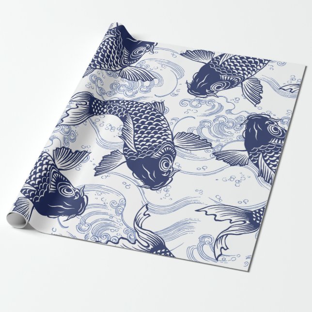 Cadeau Papier d'emballage JAPONAIS de POISSONS BLEUS ET (Déroulé)