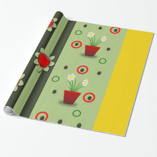 Cadeau papier d'emballage jaune vert à pots de fleurs rou