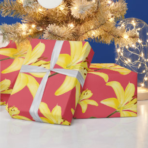 Cadeau Papier d'emballage mat à fond rose avec lys jaune