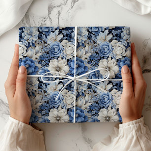 Cadeau Papier d'emballage moderne floral bleu blanc ivoir