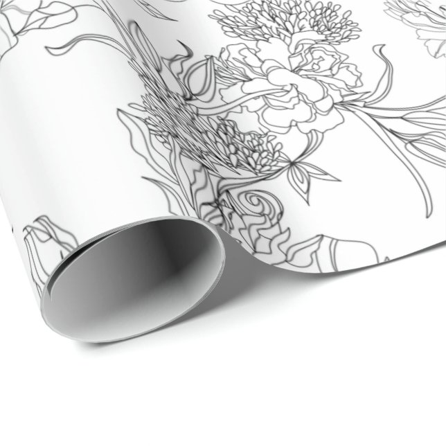 Cadeau Papier d'emballage - Motif floral noir et blanc (Coin rond)
