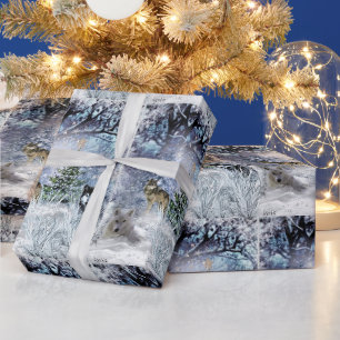 Cadeau Papier d'emballage Noël en forêt avec des loups