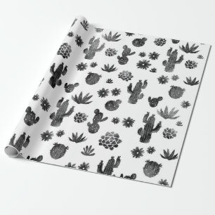 Cadeau Papier d'emballage noir et blanc de cactus