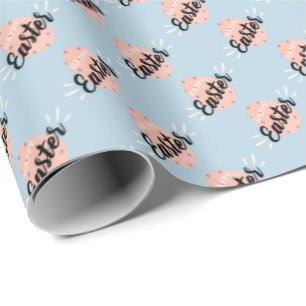 Cadeau Papier d'emballage œuf de Pâques rose sur fond ble