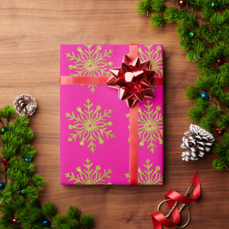 Cadeau Papier d'emballage rose chaud flocon de neige or