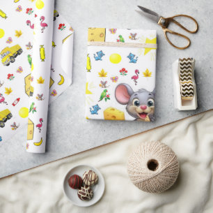 Cadeau Papier d'emballage Souris Fromage Étoiles Jaunes C