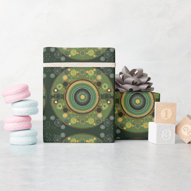 Cadeau papier d'emballage vert de style d'art aborigène  (Baby Shower)