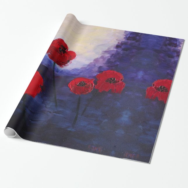Cadeau Papier d'enrobage de peinture violet de pavots rou (Déroulé)