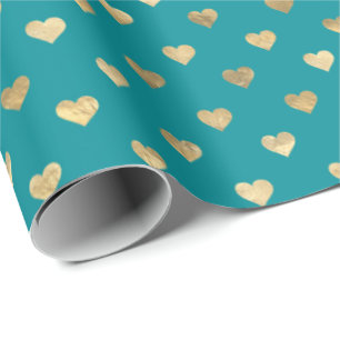 Cadeau Papier d'enrobage Motif de Coeurs d'or Turquoises