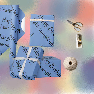 Cadeau Papier d'enveloppement bilingue bleu Joyeux annive
