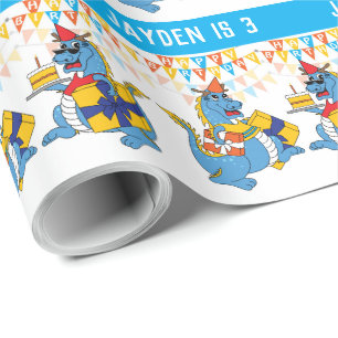 Cadeau Papier d'enveloppement d'anniversaire de dragon bl